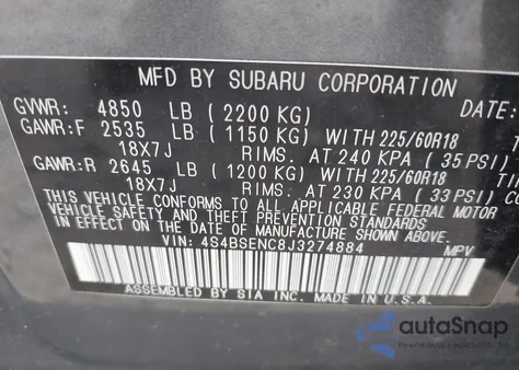 2018 Subaru Outback 3.6R Limited from USA, damaged, VIN 4S4BSENC8J3274884